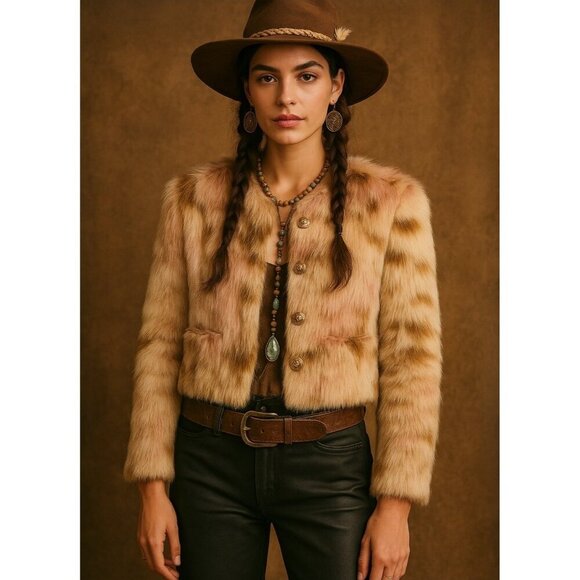 NIMO WANG Faux Fur Jacket Multicolor Pink Brown White |Boho Statement Outerwear - Picture 13 of 13